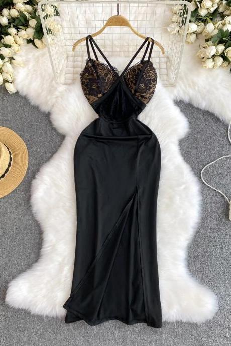 Elegant Lace Bodice Satin Slip Womens Evening Dress