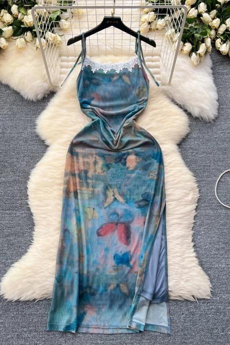 Womens Satin Lace Trim Slip Dress Abstract Print