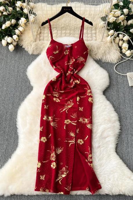 Elegant Red Floral Print Halter Neck Maxi Dress
