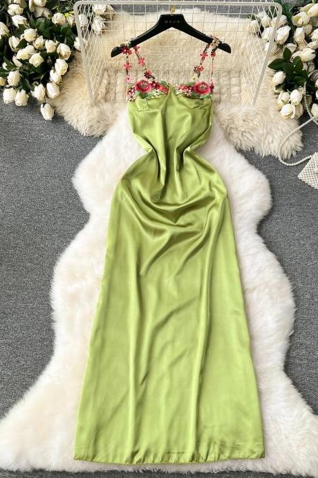 Elegant Green Satin Gown With Floral Embroidery Detail