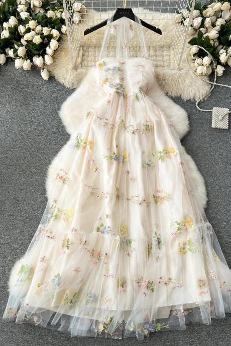 Womens Floral Embroidered Tulle Evening Gown Dress