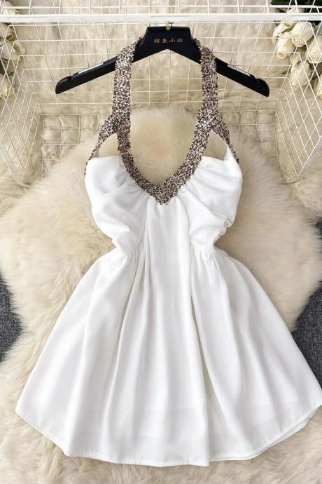 Elegant White Halter Dress With Embellished Neckline
