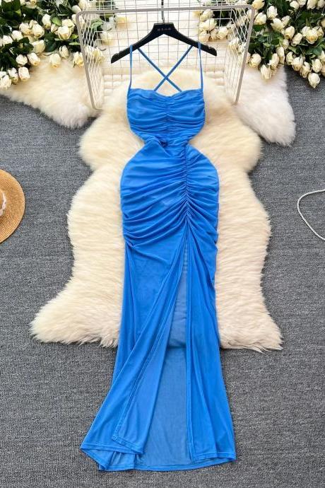 Elegant Sapphire Blue Ruched Evening Gown With Slit