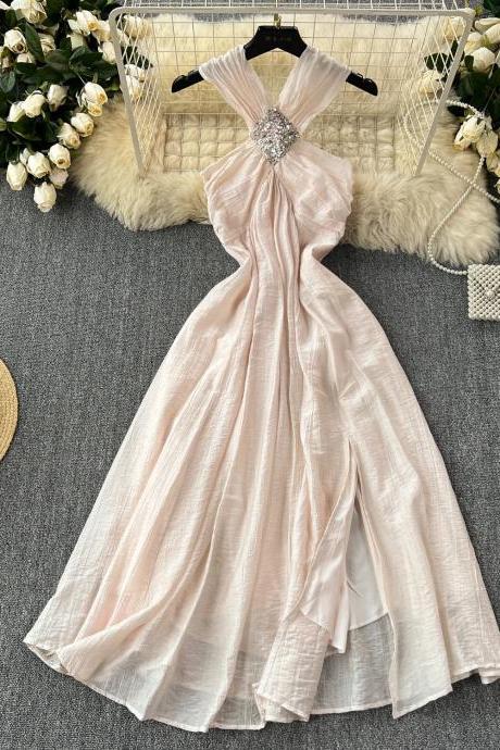 Elegant Blush Halter Neck Gown With Crystal Brooch
