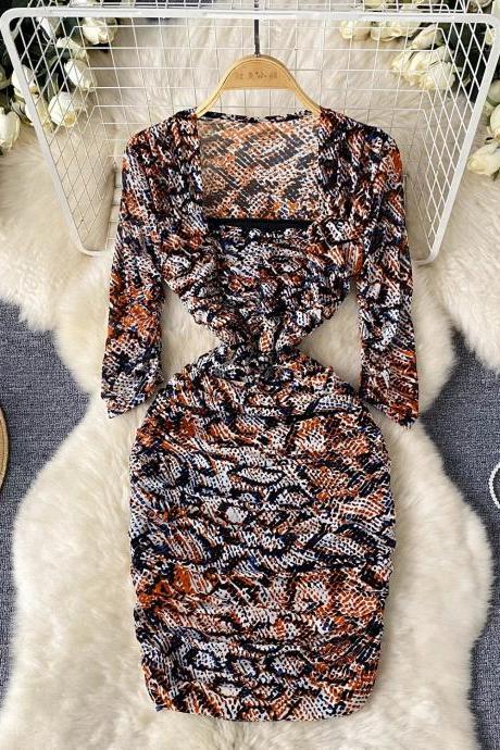 Womens Elegant Long-sleeve Leopard Print Wrap Dress
