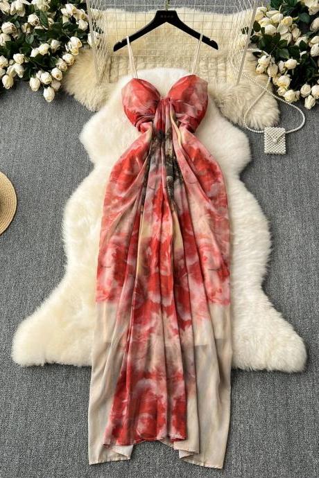 Elegant Floral Print Halter Neck Maxi Dress For Summer