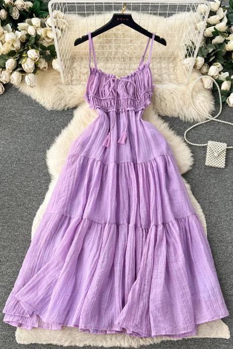 Bohemian Style Sleeveless Ruffled Purple Midi Dress