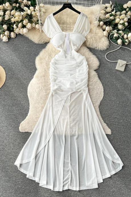 Elegant White Satin Halter Neck Evening Gown