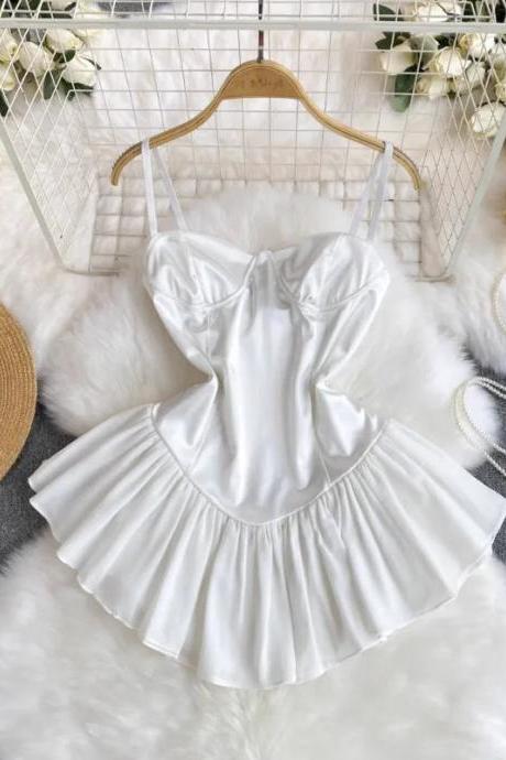 Elegant White Satin Corset Dress With Pleated Skirt