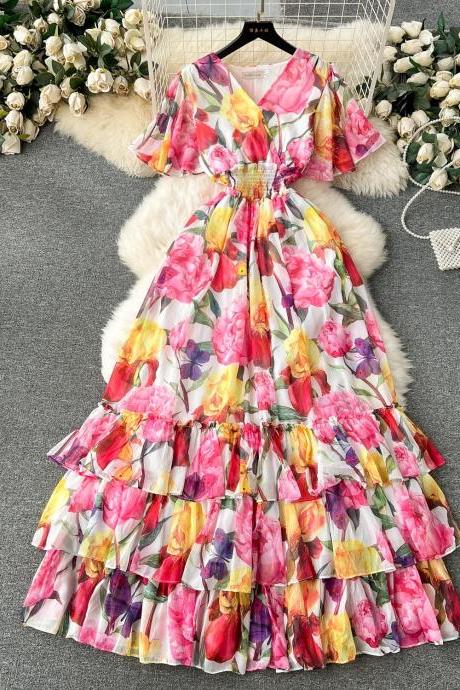 Womens Floral Print Ruffle Hem Summer Maxi Dress