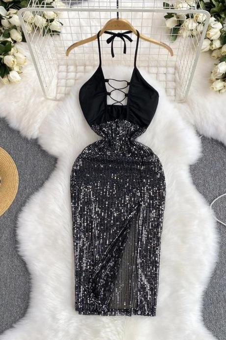 Halter Neck Sequined Evening Gown With Slit Detail