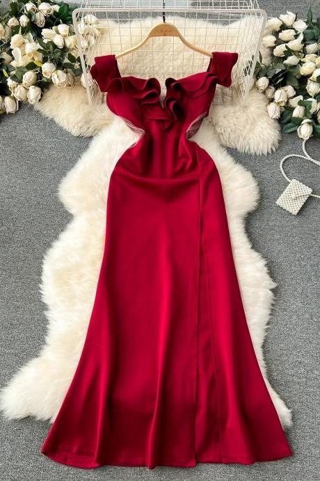 Elegant Off-shoulder Ruffle Satin Gown In Red