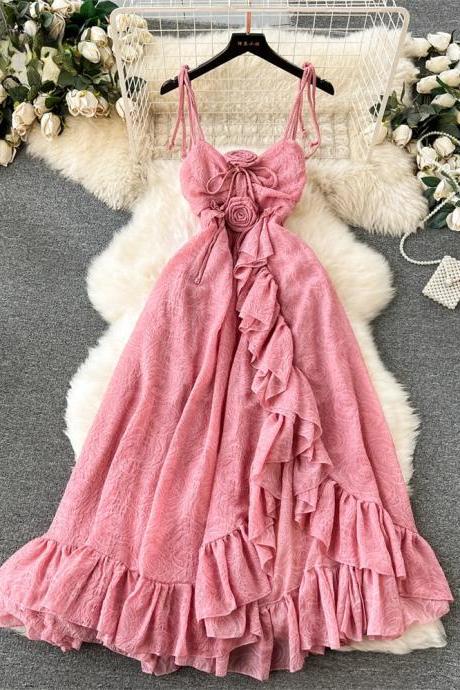 Womens Elegant Pink Ruffled Maxi Dress With Bows