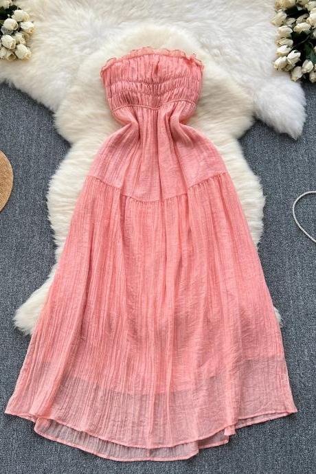 Elegant Strapless Summer Maxi Dress In Coral Pink