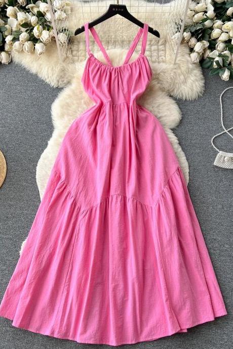 Sleeveless Spaghetti Strap Pink Midi Summer Dress