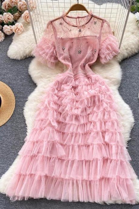 Elegant Layered Pink Tulle Midi Dress With Embellishments