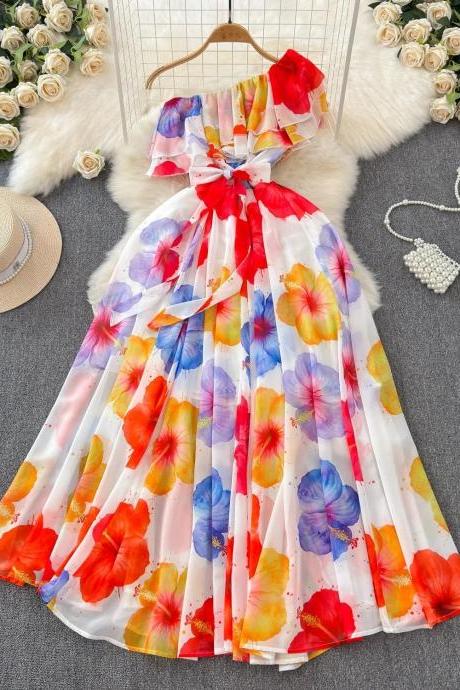 Womens Floral Print Bow-tie Summer Sleeveless Midi Dress