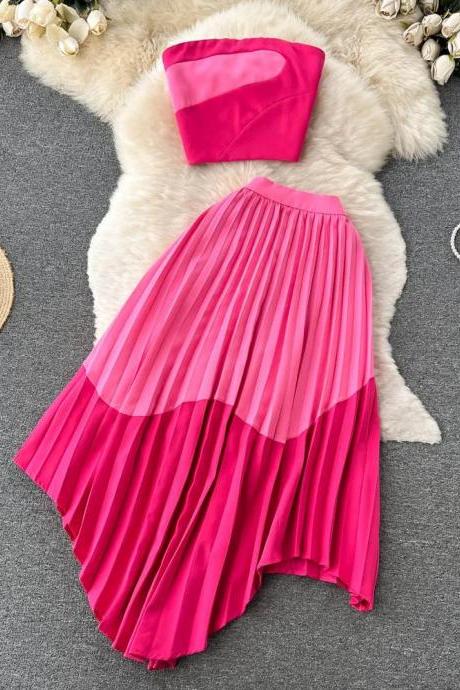 Womens Strapless Top And Asymmetrical Pleated Skirt Set