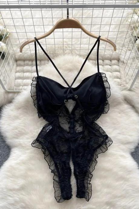 Luxurious Black Lace Womens Bodysuit With Ruffle Detail