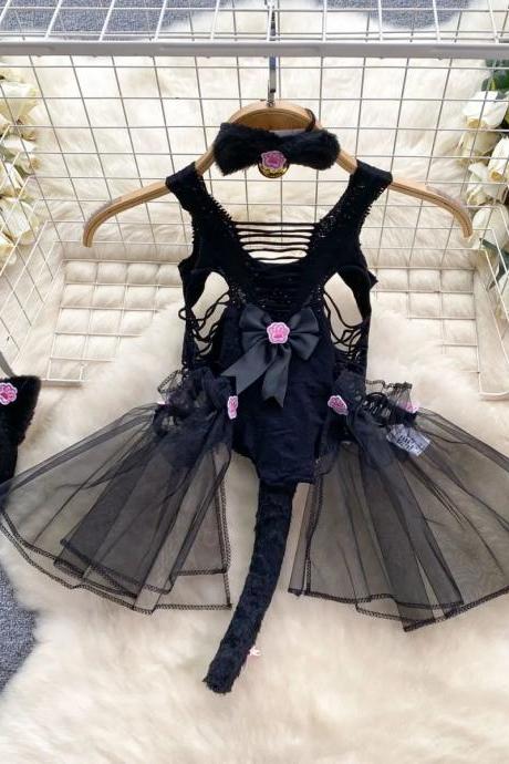 Gothic Lolita Black Dress With Cat Ears Headband Set
