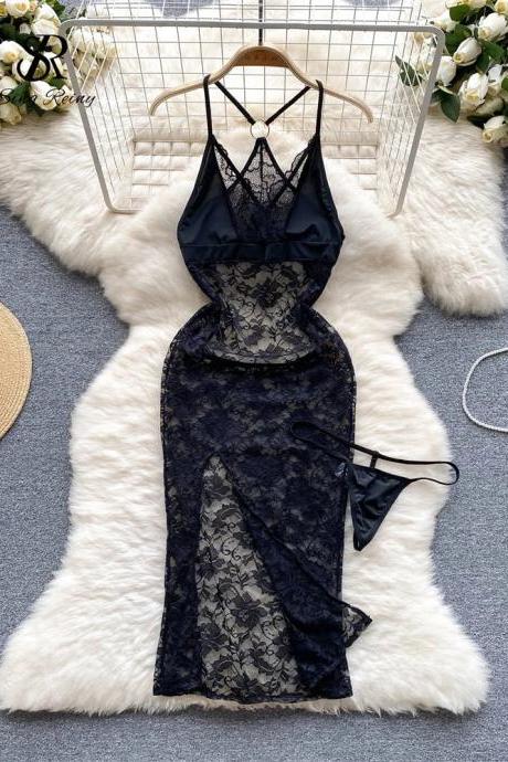 Elegant Black Lace Satin Nightgown With Sheer Robe