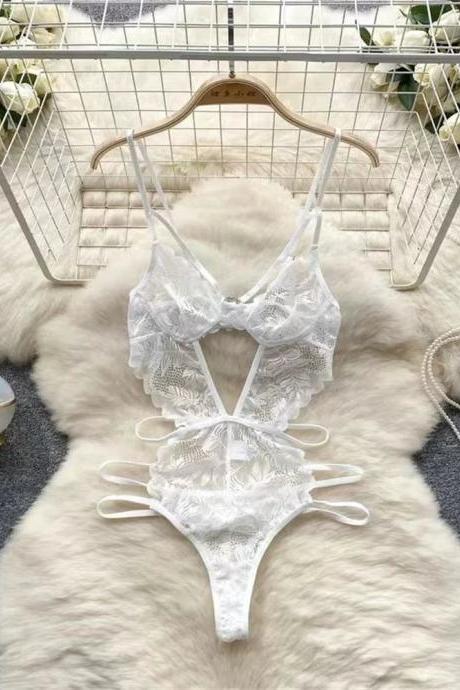 Sexy Lace Bodysuit Womens Deep V Lingerie White