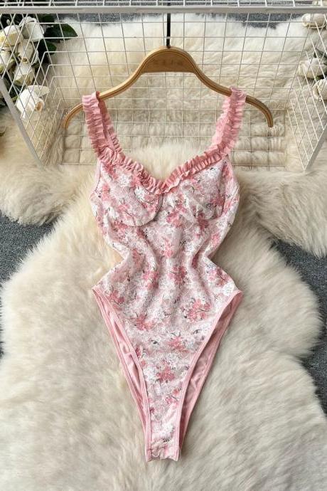 Floral Lace Ruffle Trim Womens One-piece Swimsuit