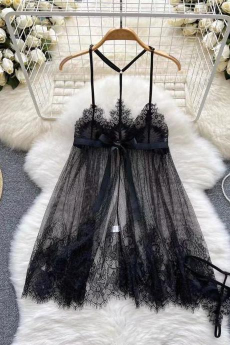 Elegant Black Lace Bow Accent Boudoir Lingerie Nightgown