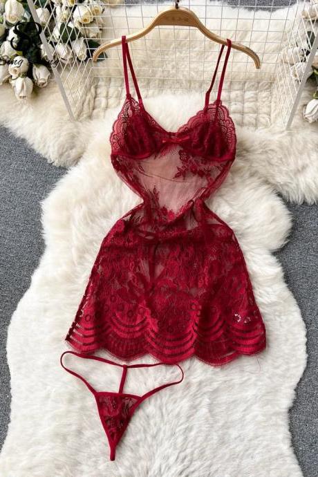 Womens Red Lace Babydoll Lingerie Set With Thong
