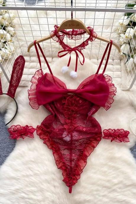 Womens Seductive Red Lace Lingerie Set With Accessories