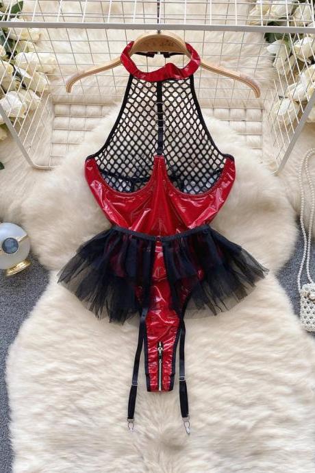 Womens Red And Black Lace Mesh Bodysuit Lingerie Set