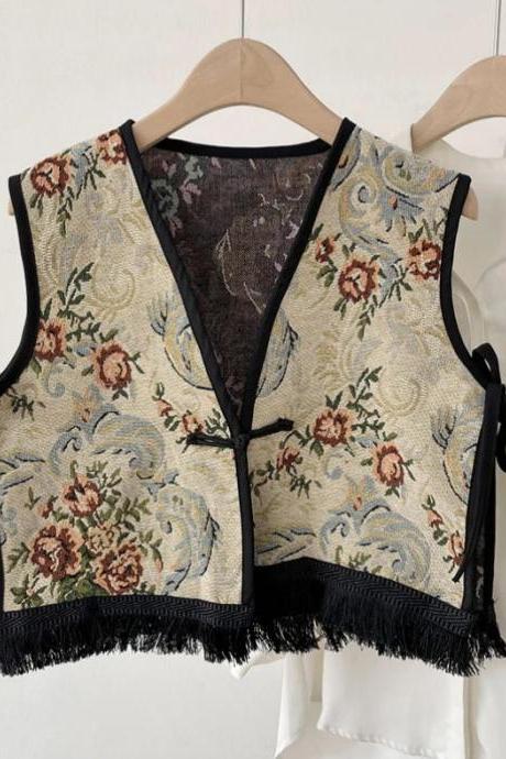 Womens Floral Jacquard Tassel Trim Sleeveless Vest Top