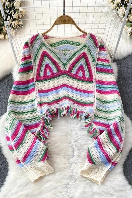 Colorful Striped Crochet Knit Sweater With Fringe Detail