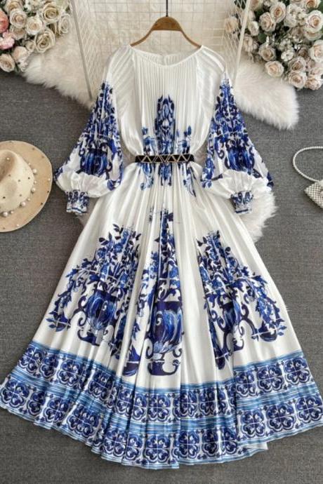 Bohemian Style Blue And White Floral Maxi Dress