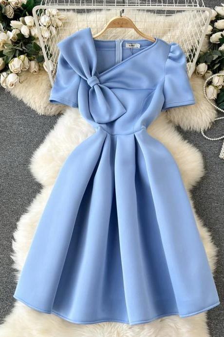 Elegant Blue Satin Cocktail Dress With Bow Detail