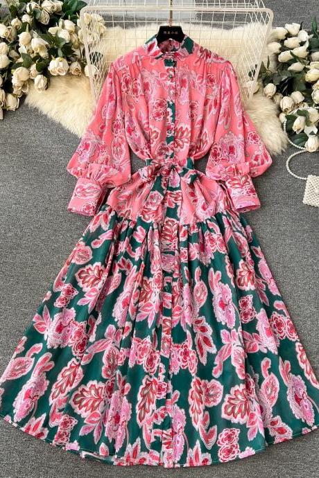 Womens Floral Print Long Sleeve Belted Maxi Dress