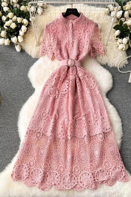 Elegant Pink Lace Midi Dress With Belted Waist
