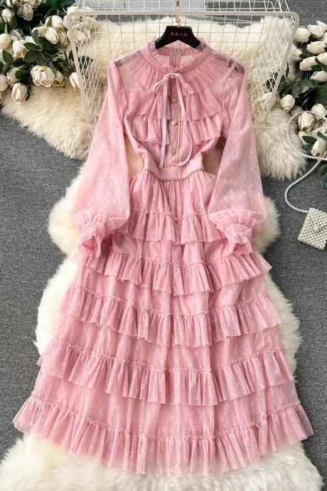 Womens Long Sleeve Ruffled Pink Tiered Midi Dress