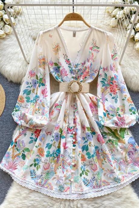 Bohemian Floral Print Belted Kimono Sleeve Mini Dress