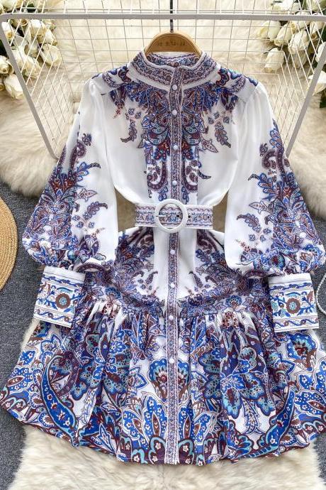 Bohemian Style Printed Peasant Blouse With Belted Waist