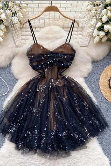 Womens Sparkling Navy Tulle Cocktail Dress With Sequins