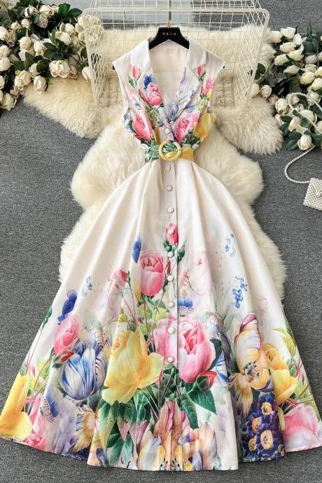 Elegant Floral Print Sleeveless Midi Belted Summer Dress