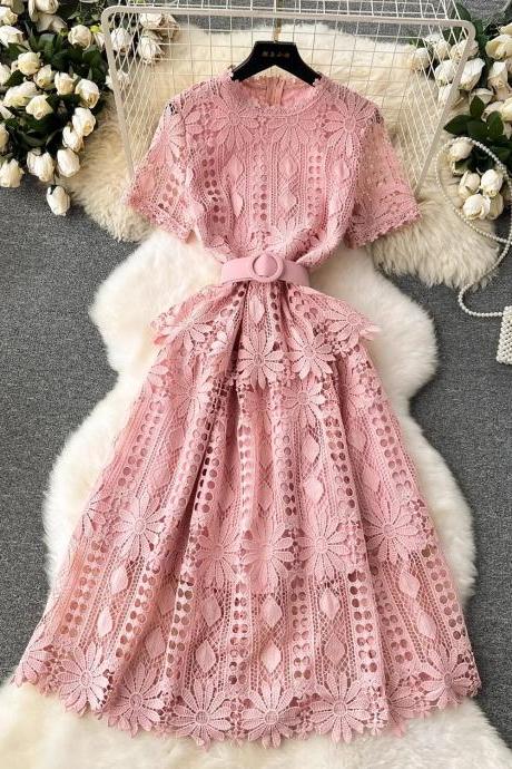 Elegant Pink Lace Belted Midi Dress For Women