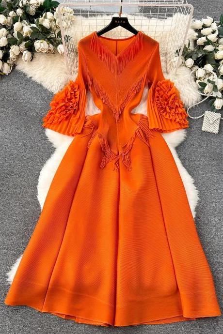Elegant Tangerine Midi Dress With Dramatic Sleeves