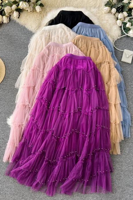 Womens Beaded Tulle Midi Skirt In Various Colors