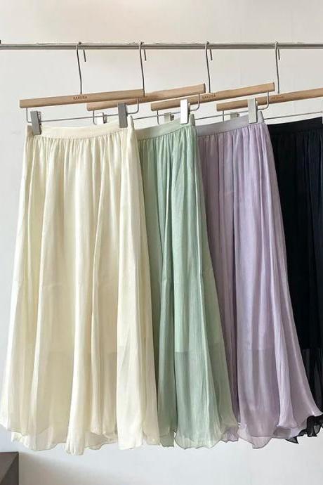 Womens Chiffon Maxi Skirt Elastic Waist Solid Color