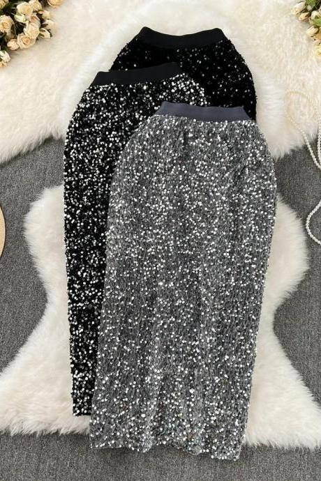 Womens Sparkly Sequin Party Pencil Skirts Elastic Waist