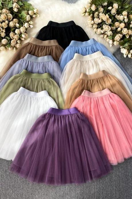 Womens Multicolor Tulle Midi Skirt Elastic Waistband