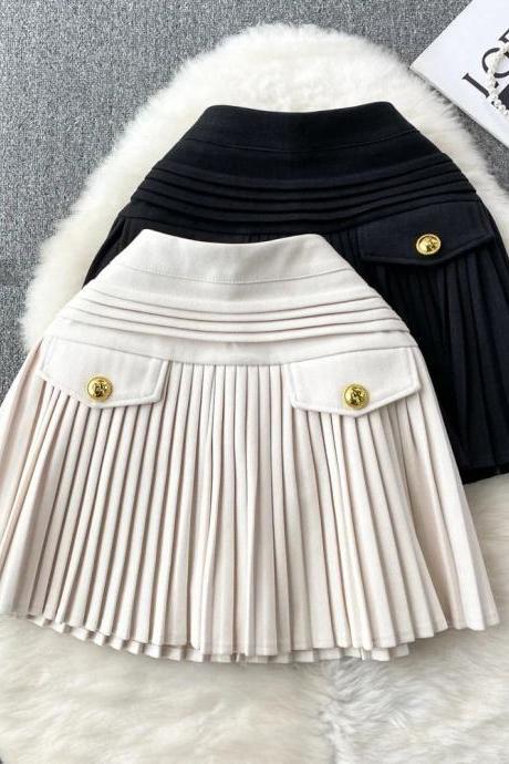 Elegant Pleated Mini Skirt With Button Detailing