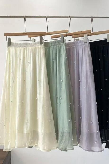 Womens Tulle Skirts With Pearls Elastic Waist Casual